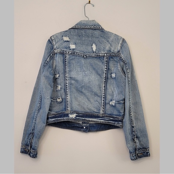 Boho Funky distressed cropped denim jacket size large cut small - Picture 2 of 5